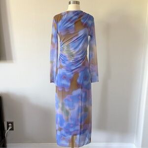 & Other Stories Long-Sleeve Mesh Maxi Dress in Blue and Brown Watercolor Print